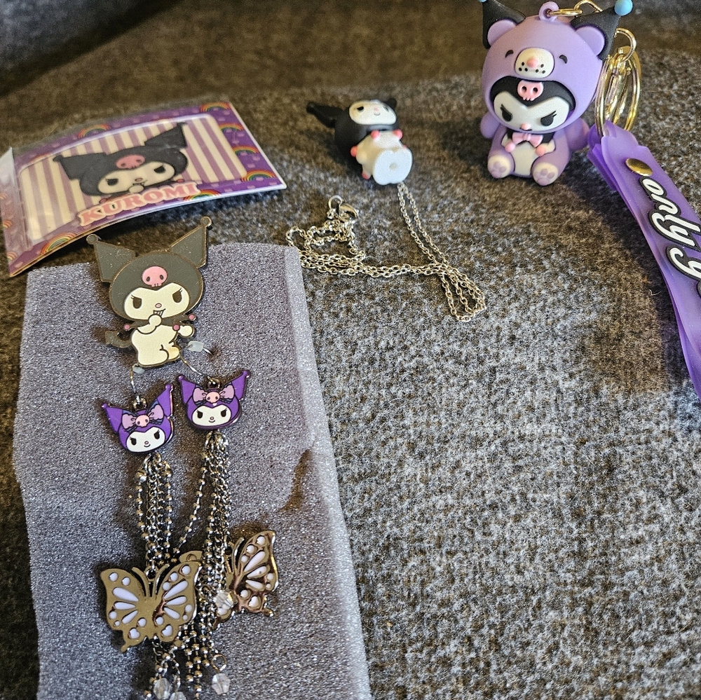 Sanrio Kuromi Black & Purple with Keychain, necklace, pin, earrings and photo fr